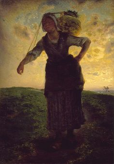 a painting of a woman holding a basket on her head and walking through a field