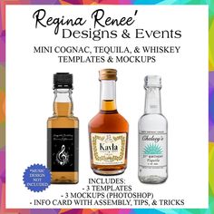 three bottles of liquor with the words regna reze designs and events on them