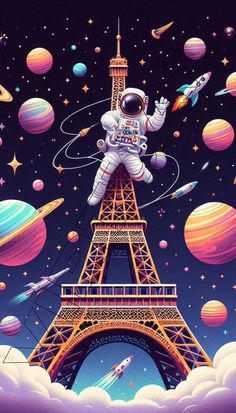 an astronaut is floating in the sky above the eiffel tower