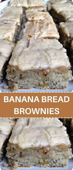 banana bread brownies are stacked on top of each other and ready to be eaten