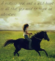 a woman riding on the back of a black horse in a field with a sky background