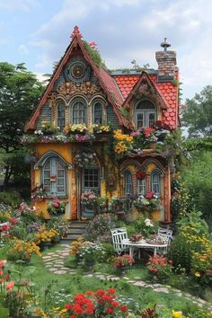 a house with flowers all around it