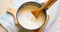 a wooden spoon in a pot filled with liquid