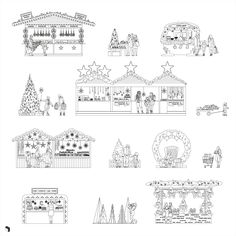 an outline drawing of a christmas fair with decorations and people on it, including trees