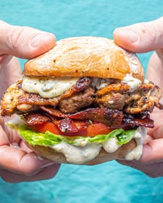 two hands holding a sandwich with meat, cheese and tomatoes on it in front of a blue background