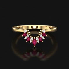 ✤ ITEM DESCRIPTION  Metal Availability : Sterling Silver,14K/18K Gold Setting : Prong Stamped : 925,14K,18K Gemstone : Lab Created Ruby Gemstone Size : Center Marquise  - 2×4mm Side Marquise- 1.5×2mm Round Stones - 1.30mm, 1.10mm Band Width - 1.90mm ✤ CUSTOM ORDER We can create almost any rings, earrings, necklace you desire with high quality and affordable price. Please message us for Details. Curved wedding bands can be customized for your engagement ring. Please order ASAP and send me some pi Red Open Ring Jewelry For Wedding, Red Toe Ring Jewelry For Weddings, Red Toe Ring For Wedding, Wedding Stackable Ruby Rings In Gold, Formal Red Stackable Rings In Fine Jewelry Style, Formal Red Stackable Rings Fine Jewelry, Red Stackable Open Rings For Anniversary, Red Open Ring For Wedding, Red Stackable Rings For Formal Occasions