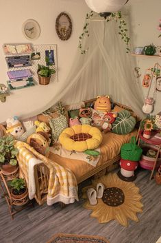 a bed with lots of stuffed animals on top of it in a room filled with plants