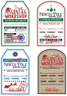 four different christmas gift tags with santa's workshop on them