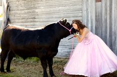 a woman in a pink dress standing next to a black cow with a rope around it's neck