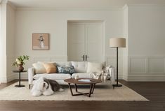 a living room filled with furniture and a dog laying on top of a rug next to a coffee table