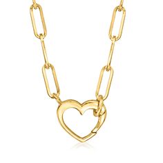 Ross-Simons - 14kt Yellow Gold Heart Charm Paper Clip Link Necklace. 18". Shining in polished 14kt yellow gold, this on-trend paper clip link necklace features a heart charm that can be worn as is or with your favorite charms with 2mm bales or larger. A great everyday signature or personality pick for your layered looks. Concealed clasp, 14kt yellow gold heart charm paper clip link necklace. Chain With Charms, Fine Jewelery, Gold Paper, Gold Heart, Link Necklace, Layered Look, Heart Of Gold, 14kt Gold, Paper Clip