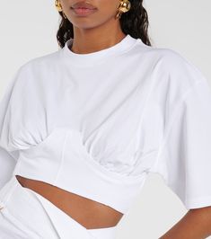 White Stretch Cropped Shirt, White Cropped Cotton Top, White Cotton Cropped Hem Top, White Cotton Cropped Top, Cropped Fitted Top Made Of Elastane, Fitted White Cropped Top, White Fitted Top With Cropped Hem, White Fitted Crop Top With Cropped Hem, Fitted White Top With Cropped Hem