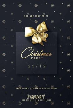 christmas party flyer with gold bow and snowflakes