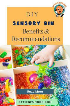 a box filled with lots of toys and the title reads diy sensory bin benefits & recommations