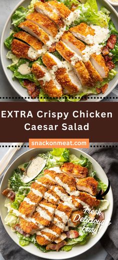 two plates filled with chicken caesar salad