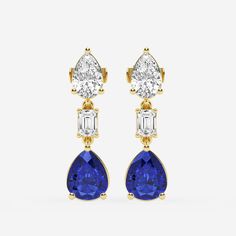 10x8mm Pear Cut Created Sapphire and 2 7/8 ctw Emerald and Pear Lab Grown Diamond Drop Earrings 14K Yellow Gold FG, VS2+ Sparkly Jewelry, Diamond Drops, Jewelry Inspo, Diamond Drop Earrings, Engagement Rings Sapphire, Pear Cut, Diamond White, Fashion Earrings, Lab Grown