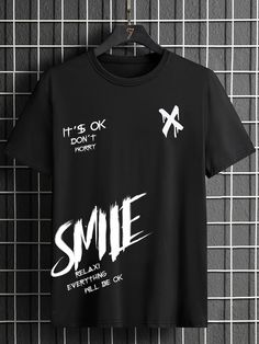 Black Casual Collar Short Sleeve Fabric Slogan  Embellished Slight Stretch Summer Men Plus Size Clothing Joe Black, Christian Shirts Designs, T Shirt Logo Design, Shirt Designs For Men, Tshirt Design Men