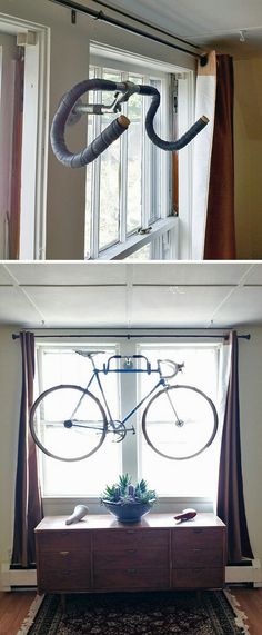 there are two pictures with different things in the same room and one has a bike on it