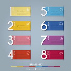 colorful info graphics with numbers and icons on the top one is numbered in different colors