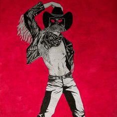 a drawing of a man wearing a cowboy hat and holding his arms in the air