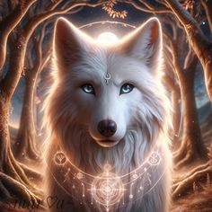 a white wolf with blue eyes standing in front of a forest filled with trees and stars