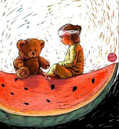 a drawing of a child sitting on top of a watermelon with a teddy bear