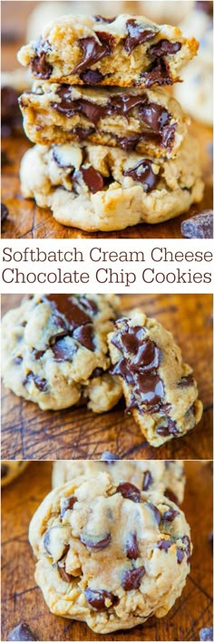 chocolate chip cookies stacked on top of each other with the words, softato cream cheese chocolate chip cookies