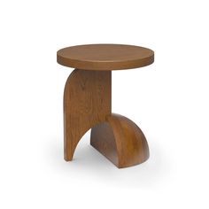 a small wooden stool with a curved design on the bottom and an open foot rest