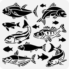 black and white fish silhouettes are shown in this image, which is also available as a stencil