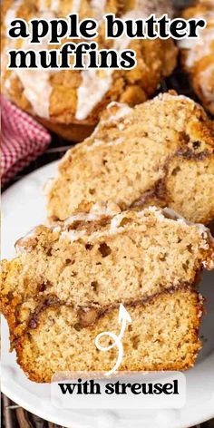 an apple butter muffin is cut in half on a plate with the title above it