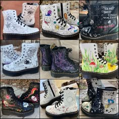 Custom Platform Boots, Painted White Doc Martens, Painted Platform Shoes, Upcycled Doc Martens, Painting Doc Martens, Custom Boots Paint, Painted Doc Martens Diy, Custom Dr Martens, Sneaker Design Ideas