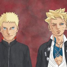 two anime characters standing next to each other in front of a red background, one with blonde hair and the other with blue eyes