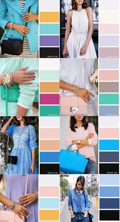 many different color swatches are shown in this collage, including blue and pink