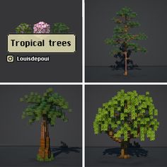 four different types of tropical trees made out of lego blocks, with the text tropical trees below them