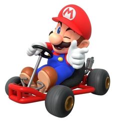 the mario kart is going down the road with his hand on the steering wheel