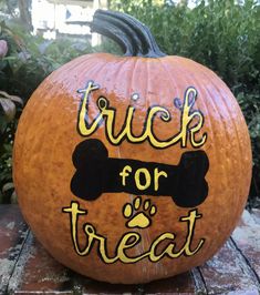 a pumpkin with a dog bone on it and the words trick for treat painted on it