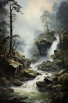 a painting of a waterfall in the woods