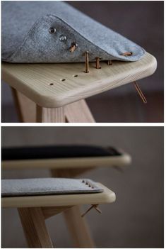 two pictures of a chair with buttons and needles attached to the seat cushion, one has a pillow on it