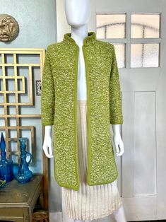 True Vintage 60s Small Medium California Creations Lime Green Boucle Knit Long Cardigan Sweater - Etsy Fitted Long Green Outerwear, Spring Green Knitted Outerwear, Fitted Green Knit Sweater, Knitted Green Outerwear For Spring, Green Soft Knit Outerwear, Soft Knit Wool Cardigan For Spring, Green Long Sleeve Knit Outerwear, Green Knit Cardigan For Spring, Fitted Green Textured Knit Sweater