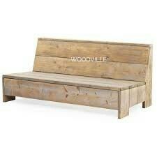 a wooden bench sitting on top of a white floor next to a sign that says woodyville