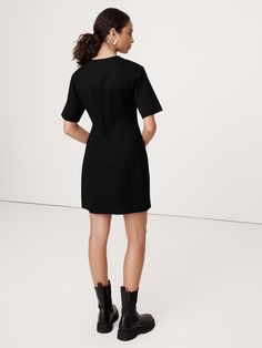 Everywhere Ponte Seamed Mini Dress | Banana Republic Black Viscose Mini Dress For Work, Black Button-up Mini Dress For Work, Black Blazer Dress Banana Republic, Chic Black Mini Dress With Button Closure, Chic Black Non-stretch Mini Dress, Jumper Short, Ponte Fabric, Girl With Sunglasses, Shift Dress Black