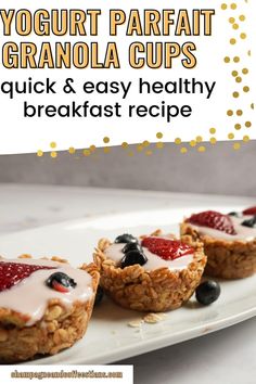 yogurt parfait granola cups on a white plate with text overlay