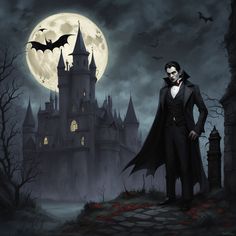 a man standing in front of a castle with bats flying over it and the moon behind him