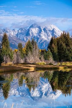 a mountain range is reflected in the still water of a lake surrounded by pine trees