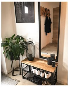 a mirror sitting on top of a wooden shelf next to a potted plant and shoe rack