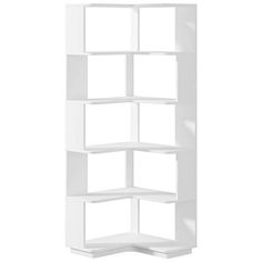 a white shelving unit with four shelves