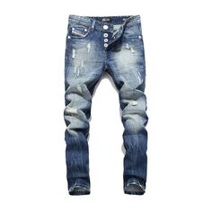 West Louis™ Italian Straight Fit Ripped Jeans Blue / 34 - West Louis Blue Jeans With Button Closure For Streetwear, Blue Denim Jeans With Zip Fly, Fitted Blue Jeans, Blue Slim Fit Denim Jeans, Blue Cotton Jeans With Zip Fly, Slim Fit Denim Jeans With Zipper Closure, Holey Jeans, Ripped Biker Jeans, Mens Designer Jeans