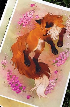 a painting of a fox with flowers in the background