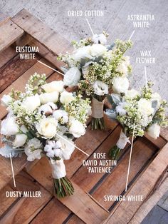 flowers are arranged on top of a wooden crate with the words floral bouquet recipes by color