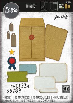 an assortment of crafting supplies including envelopes and tags